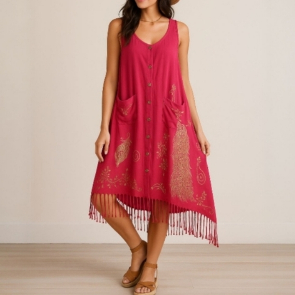 NWOT Asha Fuchsia Sleeveless Fringe Trapeze Dress With Pockets